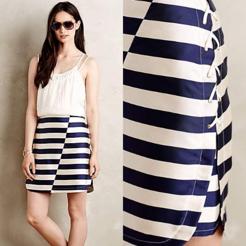 ANTHROPOLOGIE Starboard Skirt Navy White Stripes Lace-up Sides NEW